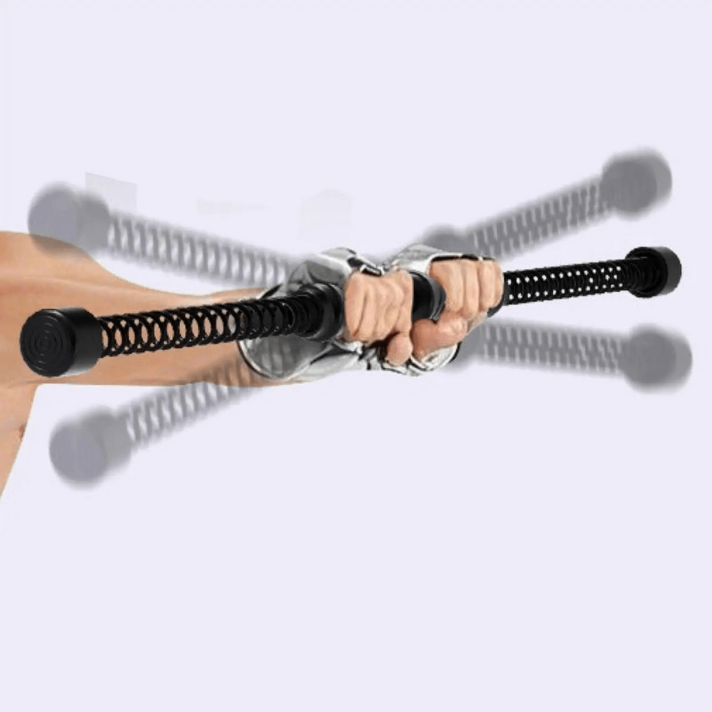Person using ropeless battle rope strength trainer with spring design for workouts in a home gym.